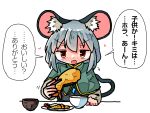  1girl amulet animal_ears black_jacket blush capelet chopsticks dot_nose dress flying_sweatdrops food green_capelet grey_dress grey_hair heart jacket kasuya_baian long_sleeves medium_hair mouse_ears mouse_girl mouse_tail nazrin open_mouth red_eyes simple_background solo tail touhou translation_request upper_body white_background 
