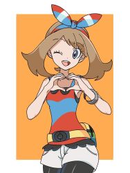  1girl :d ;d bare_shoulders bike_shorts bike_shorts_under_shorts black_shorts border brown_hair commentary eyelashes fanny_pack grey_eyes hairband heart heart_hands highres looking_at_viewer may_(pokemon) nose_poke000 one_eye_closed open_mouth outside_border pokemon pokemon_omega_ruby_and_alpha_sapphire red_hairband red_shirt shirt short_hair shorts sleeveless sleeveless_shirt smile solo teeth untranslatable_commentary upper_teeth_only white_border white_shorts yellow_background 