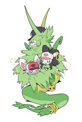  :d animal_focus animalization baseball_cap black_hair black_hat blue_eyes emolga full_body green_fur grey_fur hat highres hilbert_(pokemon) hilda_(pokemon) looking_at_another mieaowu minccino n_(pokemon) no_humans pokemon pokemon_(creature) ponytail red_hat serperior simple_background smile standing white_background white_hat 