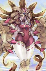  1girl amaterasumon bodysuit breasts colored_skin cowboy_shot digimon digimon_(creature) helmet highres horns large_breasts mas_square red_bodysuit red_eyes red_skin single_horn solo 