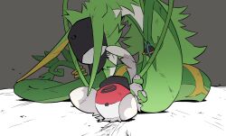  animal_focus animalization baseball_cap black_hat fighting full_body green_fur grey_background grey_fur hat highres hilbert_(pokemon) jewelry looking_at_another mieaowu minccino n_(pokemon) necklace plant pokemon pokemon_(creature) red_hat serperior simple_background vines 