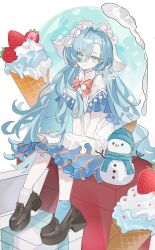  1girl 37_(a_gift_of_nourishment)_(reverse:1999) 37_(reverse:1999) absurdres apron asymmetrical_legwear bell black_shoes blue_dress blue_eyes blue_hair blue_socks bow bowtie box dress food full_body gift gift_box hair_bell hair_between_eyes hair_ornament highres ice_cream long_hair looking_at_viewer low_block_heels low_twintails medium_dress mismatched_legwear official_alternate_costume on_box oversized_food oversized_object red_bow red_bowtie reverse:1999 shoes short_sleeves sitting sitting_on_box smile snowman socks solo twintails veil very_long_hair white_apron white_background white_socks white_veil wudi_xiao_zeng 