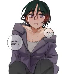  1girl ? ?? alien_stage black_hair blush commentary english_commentary english_text grey_hoodie grey_shirt highres hood hoodie open_mouth shirt solo sua_(alien_stage) the_quipper thick_eyebrows violet_eyes zombie_stage 