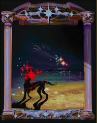  absurdres artist_name black_dog black_sky blue_sky column commentary corrodedparadox creature dark dark_background dog eight-pointed_star english_commentary four-pointed_star glowing highres lake night no_humans original outdoors pillar reflection scenery shooting_star shore sky sparkle standing star_(sky) star_(symbol) surreal tail tail_wagging water watermark 