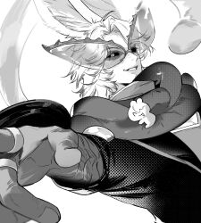  1boy 1other animal_ears colored_sclera commentary_request dancing_green eheeya_(ff14) final_fantasy final_fantasy_xiv grin highres horizontal_pupils jacket korean_commentary male_focus medium_hair monochrome parted_bangs rabbit_ears scarf shh_gdr simple_background smile sunglasses teeth tinted_eyewear tongue_scarf viera white_background 
