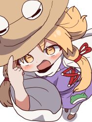  1girl :d animal_print blonde_hair blush brown_shoes commentary frog_print hand_on_own_hat highres horizontal_pupils korean_commentary long_sleeves looking_at_viewer magg_(user_mtca8588) medium_hair moriya_suwako open_mouth purple_skirt purple_vest pyonta shirt shoes sidelocks skirt smile solo thigh-highs touhou turtleneck turtleneck_shirt vest white_shirt white_thighhighs wide_sleeves yellow_eyes 
