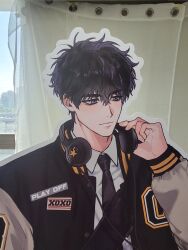  black_eyes black_hair cardboard_cutout choi_jongsu close-up clothes_writing curtains garbage_time hand_on_headphones headphones headphones_around_neck highres indoors jacket letterman_jacket lower_eyelashes_only messy_hair necktie over_shoulder patch photo_(medium) portrait shirt ununtied upper_body white_shirt window 