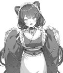  1girl animal_ears collar dog_ears fangs flower greyscale hair_flower hair_ornament heterochromia highres inui_toko japanese_clothes kimono long_hair looking_at_viewer maid_headdress monochrome nijisanji obi open_mouth sash simple_background sleeves_past_wrists solo tori_udon very_long_hair virtual_youtuber white_background wide_sleeves 