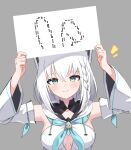  1girl ^^^ animal_ears arms_up blue_neckerchief braid breasts cleavage_cutout clothing_cutout commentary_request detached_sleeves fox_ears fox_girl gomrang grey_background hands_up highres holding holding_sign hololive looking_at_viewer medium_breasts meme neckerchief ribbon-trimmed_sleeves ribbon_trim shirakami_fubuki side_braid sign simple_background single_braid smile solo straight-on twitter_rabbit_ears_(meme) virtual_youtuber white_hair wide_sleeves 