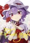  1girl akisome_hatsuka ascot back_bow bat_wings bow collared_shirt flower hair_between_eyes hat hat_flower holding holding_flower mob_cap purple_hair purple_headwear purple_shirt red_ascot red_bow red_eyes red_flower red_rose red_sash remilia_scarlet rose sash shirt solo touhou upper_body wavy_hair wings wrist_cuffs 