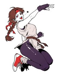  1girl arm_up belt bodysuit braid brown_belt brown_eyes brown_hair clenched_hand commentary dougi fingerless_gloves gloves headband highres jumping long_hair looking_at_viewer loose_socks martial_arts_belt open_mouth plasticcero99 purple_bodysuit purple_gloves red_headband red_shoes ryuuko_no_ken shoes simple_background single_braid smile sneakers socks solo spandex star_(symbol) the_king_of_fighters untranslatable_commentary v white_background white_socks yuri_sakazaki 