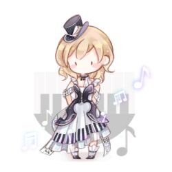  1girl asymmetrical_dress barre black-white_encounter_(shining_nikki) black_choker black_dress black_eyes black_hat black_shoes blush_stickers chibi choker dress frilled_choker frilled_dress frilled_socks frills hand_on_own_hip hat hat_ornament interruption_(echo-023) layered_dress light_particles long_dress looking_at_viewer mini_hat mini_top_hat musical_note musical_note_print musical_staff nikki_(series) no_mouth piano_keys pleated_dress print_shawl shawl shining_nikki shoes sleeveless sleeveless_dress socks solid_oval_eyes solo standing top_hat white_background white_dress white_shawl white_socks 