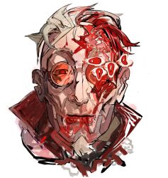  1boy absurdres azhenhgu blonde_hair blood blood_on_clothes blood_on_face blood_trail chin_guard crosshair cyberpunk cyberpunk:_edgerunners cyberpunk_(series) cyborg eyed_silhouette highres male_focus metal_jaw notched_ear scar_on_lip silhouette solo upper_body weak_kingsley 