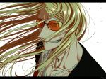  1boy black_jacket blonde_hair fate/grand_order fate_(series) from_above grin hair_between_eyes jacket jewelry long_hair looking_at_viewer male_focus necklace open_clothes open_jacket orange-tinted_eyewear shirt signature simple_background smile solo sunglasses tezcatlipoca_(fate) tinted_eyewear upper_body white_background white_shirt yuuzuki230 