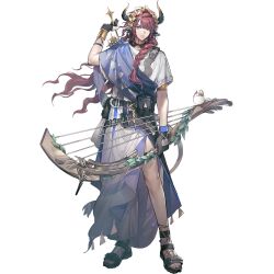  1boy ancient_greek_clothes animal_ears aqua_eyes arknights arrow_(projectile) artist_request asymmetrical_horns black_ears black_horns blue_sash blunt_bangs bow_(weapon) braid braid_over_shoulder closed_mouth cow_ears cow_horns cowboy full_body greco-roman_clothes hair_over_shoulder hand_up harp highres holding holding_arrow holding_bow_(weapon) holding_harp holding_weapon horns instrument laurel_crown long_hair looking_at_viewer lykeion_(arknights) multicolored_horns official_art pelvic_curtain purple_hair robe sandals sash serious short_sleeves solo third-party_source transparent_background two-tone_horns uneven_horns weapon white_robe yellow_horns 