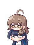  2girls :3 ahoge blue_hair blunt_bangs brown_eyes brown_hair brown_hoodie chibi crossed_bangs eiul hair_intakes highres hime_cut hololive hololive_english hood hoodie long_hair multicolored_hair multiple_girls nanashi_mumei nanashi_mumei_(3rd_costume) official_alternate_costume on_head ouro_kronii ouro_kronii_(3rd_costume) shirt sleeves_past_wrists smile streaked_hair very_long_hair virtual_youtuber white_shirt 