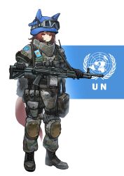  1girl absurdres ammunition_pouch animal_ears armor blue_helmet brown_eyes brown_hair bulletproof_vest fluffy_tail goggles gun helmet highres knee_pads light_machine_gun machine_gun military military_patch military_uniform original pouch tactical_clothes tuziki_sang united_nations united_nations_flag weapon 