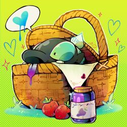  animal_focus basket bonnibelboo buck_teeth commentary dripping english_commentary food fruit grass green_background heart highres in_basket in_container jam jar no_humans outline picnic_basket pokemon pokemon_(creature) pokemon_focus shroodle signature solo speech_bubble spoken_heart strawberry teeth white_outline 