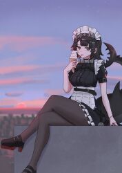  1girl absurdres apron black_dress black_hair black_pantyhose black_shoes commentary_request crossed_legs dress ellen_joe fins fish_tail hair_ornament high_heels highres holding holding_ice_cream_cone ice_cream_cone looking_at_viewer maid maid_apron maid_headdress miton_iguana mole mole_under_eye multicolored_hair pantyhose red_eyes red_hair shark_girl shark_tail shoes solo tail two-tone_hair white_apron white_headdress x_hair_ornament zenless_zone_zero 