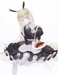  1girl absurdres animal_ears apron black_dress black_nails blonde_hair choker collared_dress dress expressionless food highres holding holding_plate long_hair looking_at_viewer msa_(fary_white) original pancake plate purple_ribbon rabbit_ears ribbon ribbon_choker sitting slit_pupils solo syrup thigh-highs very_long_hair violet_eyes white_thighhighs 