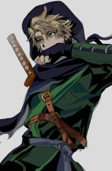  1boy absurdres animification belt belt_buckle black_cape black_gloves blonde_hair brown_belt buckle cape chinese_commentary commentary dougi enal_(xinjinjumin376058318499) fingerless_gloves gloves green_dougi green_eyes grey_background grey_belt highres hood hooded_cape lloyd_garmadon looking_ahead male_focus ninjago shoulder_belt simple_background solo sword sword_on_back weapon weapon_on_back wiping_face 