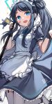  1girl :d absurdres aris_(blue_archive) aris_(maid)_(blue_archive) black_hair blue_archive blue_eyes garter_straps halo highres long_hair looking_at_viewer luzzi_(milllim) maid maid_headdress official_alternate_costume ponytail short_sleeves simple_background smile solo thigh-highs white_background white_thighhighs 