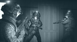  3girls ammunition_pouch artist_name assault_rifle black_jacket blonde_hair bulletproof_vest camouflage camouflage_jacket camouflage_pants colored_tips combat_helmet commission door earmuffs gun handgun helmet heterochromia highres holding holding_weapon hood hooded_jacket indoors jacket long_hair military multicolored_hair multiple_girls night_vision_device night_vision_effect original pants paperboathat pouch purple_hair red_hair rifle south_korean_flag standing swedish_flag weapon weapon_request 