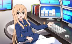  1girl :d blonde_hair blue_shirt blush book brown_eyes chair collared_shirt computer computer_keyboard computer_mouse computer_tower cowboy_shot crescent crescent_necklace crossed_legs doma_umaru from_side game_asset himouto!_umaru-chan himouto!_umaru-chan_himouto_ikusei_keikaku indoors jewelry long_hair long_sidelocks long_sleeves looking_at_viewer monitor multiple_monitors necklace non-web_source office_chair official_art open_mouth pants self-datamine shirt sidelocks sitting smile solo swivel_chair very_long_hair white_pants window 