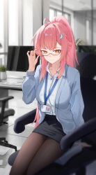  1girl absurdres aemeath_(wuthering_waves) ahoge alternate_costume ang_bai_quan bespectacled black_pantyhose black_skirt blue_cardigan breasts cardigan chair chinese_commentary closed_mouth commentary_request glasses hair_ornament hand_up highres id_card indoors lanyard large_breasts long_hair office office_chair office_lady orange_eyes pantyhose pencil_skirt pink_hair ponytail shirt sitting skirt smile solo star-shaped_pupils star_(symbol) swivel_chair symbol-shaped_pupils white_shirt wuthering_waves 