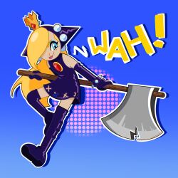  1girl axe blue_background blue_eyes boots crown dress english_commentary fang full_body hair_over_one_eye highres holding holding_axe mario_power_tennis mario_tennis marscarhime outline purple_boots sleeveless sleeveless_dress super_mario_bros. warupeach white_outline 