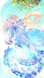  1girl absurdres blonde_hair blue_dress blue_eyes breasts closed_mouth commentary_request cup detached_sleeves dress drinking_glass fingernails floating_hair food fruit full_body genshin_impact hand_up hat high_heels highres holding holding_cup lemon lemon_slice lemon_tree long_hair long_sleeves looking_at_viewer medium_breasts nicole_(genshin_impact) pantyhose shoes smile solo very_long_hair viclim-monou water white_hat white_pantyhose white_shoes 