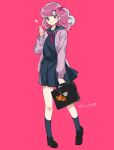  artist_name bag black_footwear blue_serafuku blue_shirt blue_skirt blue_socks bow cardigan finger_heart full_body hair_bow heart holding holding_bag looking_at_viewer nanashi_(mia) neckerchief pink_background pink_eyes pink_hair pleated_skirt purple_cardigan ran_(urusei_yatsura) red_neckerchief rei_(urusei_yatsura) school_uniform serafuku shirt shoes skirt smile socks urusei_yatsura 