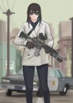  1girl assault_rifle black_gloves black_hair black_pants blurry blurry_background brown_gloves building car car-15 chevrolet_caprice cityscape commentary english_commentary girls_frontline gloves green_hair ground_vehicle gun highres holding holding_gun holding_weapon jacket long_hair long_sleeves m4a1_(girls&#039;_frontline) motor_vehicle multicolored_hair outdoors pants parabellum police_car rifle scope solo standing streaked_hair sunglasses utility_pole weapon white_jacket 
