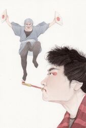  black_hair ebisumaru ganbare_goemon goemon hand_fan highres japanese_clothes kimono kiseru konami makeup murai_akio_(murai17) ninja realistic smoking smoking_pipe 