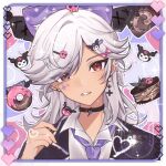  1boy animal_ears black_choker black_jacket blush border bow cake candy character_hair_ornament chocolate choker collared_shirt commentary_request cyno_(genshin_impact) dark-skinned_male dark_skin doughnut earrings eyes_visible_through_hair facial_mark fake_animal_ears food genshin_impact hair_bow hair_ornament hair_over_one_eye hairclip hand_up head_tilt heart holding holding_candy holding_food holding_lollipop jacket jewelry kuromi lapels lightning_bolt_symbol lollipop long_hair long_sleeves looking_at_viewer male_focus multicolored_background necktie onegai_my_melody open_clothes open_jacket parted_bangs parted_lips purple_background purple_bow purple_necktie red_eyes shirt sidelocks single_earring solo sparkle swept_bangs swiss_roll upper_body watermark white_border white_hair white_shirt x_hair_ornament xiaoquantaohua 