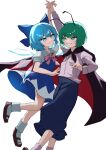  2girls :d absurdres antennae black_cape black_footwear blue_bow blue_dress blue_eyes blue_hair blue_pants bow cape cirno closed_mouth commentary_request detached_wings dress green_eyes green_hair hair_bow highres holding_hands ice ice_wings juliet_sleeves long_sleeves looking_at_another mikan_(manmarumikan) multiple_girls pants puffy_sleeves shirt short_hair simple_background smile socks touhou white_background white_shirt white_socks wings wriggle_nightbug 