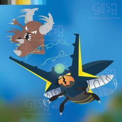  afterimage blurry blurry_background claws color_guide commentary electricity energy_ball english_commentary fighting highres horns insect_wings mandibles midair motion_blur motion_lines no_humans open_mouth pilotdrawsthings pinsir pokemon pokemon_(creature) pokemon_focus v-shaped_eyes vikavolt wings 