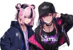  2girls baseball_cap black_collar black_hair black_headwear blue_jacket chain chimachi collar commentary_request double_bun drawstring ear_piercing earrings grin hair_bun hair_ornament hairclip hand_in_pocket hand_up hat highres hood hood_down hooded_jacket jacket jewelry long_hair long_sleeves looking_at_viewer mismatched_earrings multicolored_hair multiple_girls off_shoulder open_clothes open_jacket original parted_lips piercing pink_eyes pink_hair print_headwear print_shirt purple_shirt shirt short_hair signature simple_background smile streaked_hair twitter_username two-sided_fabric two-sided_jacket upper_body violet_eyes white_background zipper 