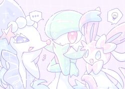 ... 3girls blue_eyes blue_hair bob_cut bow colored_skin fang gardevoir green_hair green_skin hair_ornament hair_over_one_eye heart heart_in_eye highres multicolored_fur multicolored_skin multiple_girls open_mouth pink_eyes pink_fur pokemon pokemon_(creature) primarina purple_background shimizuremi1122 simple_background smile starfish_hair_ornament sylveon symbol_in_eye two-tone_skin white_skin 