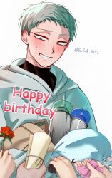  1boy alien_stage birthday black_shirt bow commentary_request flower garena_0592 green_eyes grey_hair happy_birthday highres holding holding_bow_(ornament) holding_bug holding_flower holding_scroll holding_spray_can hood hoodie male_focus red_flower scar scar_on_neck scroll shirt short_hair signature smile solo_focus spray_can till_(alien_stage) turtleneck turtleneck_shirt very_short_hair white_hoodie 