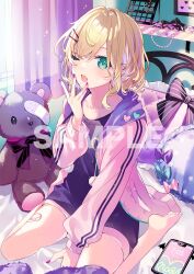  1girl barefoot blonde_hair blue_bow bow cellphone colored_inner_hair commentary_request copyright_name fang fingernails full_body green_eyes hair_ornament hairclip heart heart_tattoo highres jacket kurumi_noah leg_tattoo multicolored_hair nail_polish official_art one_eye_closed phone pink_bow pink_hair pink_jacket purple_bow purple_nails saine sample_watermark second-party_source solo star_(symbol) streaked_hair stuffed_animal stuffed_toy tattoo teddy_bear tongue virtual_youtuber vspo! watermark 