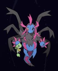  animalization black_background black_sclera colored_sclera dragon fang fangs full_body ghetsis_(pokemon) green_fur grey_eyes highres holding hydreigon looking_at_viewer mieaowu multiple_heads n_(pokemon) no_humans pokemon pokemon_(creature) pokemon_focus red_eyes simple_background snivy wings 