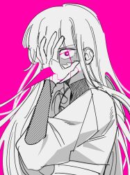  1girl animification blood blunt_bangs bright_pupils colored_blood commentary_request constricted_pupils dougi facepaint glowing glowing_eye hand_on_own_face harumi_(ninjago) highres korean_commentary long_hair looking_at_viewer ninjago pink_background pink_blood pink_eyes simple_background solo spot_color very_long_hair w6hwiix7kisgcrl white_pupils wide-eyed 