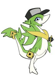  animal_focus animalization baseball_cap black_hat blue_eyes full_body green_fur hat highres jewelry looking_at_viewer mieaowu n_(pokemon) necklace no_humans pokemon pokemon_(creature) simple_background solo standing white_background 