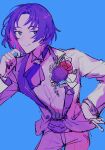  1boy ascot blue_eyes closed_mouth colored_inner_hair formal gloves hand_on_own_hip highres jacket looking_to_the_side mahoutsukai_no_yakusoku male_focus multicolored_hair murr_hart pants pink_hair piza-chan purple_ascot purple_background purple_hair short_hair sketch smile solo suit white_gloves white_jacket white_pants 