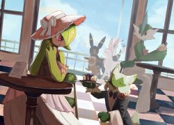  1girl 5others black_bow black_bowtie black_fur blue_sky bob_cut bow bowtie brown_fur chair checkered_floor chufflepop clothed_pokemon colored_skin eevee floragato gallade gardevoir green_fur green_hair green_skin hair_over_one_eye hat hat_bow highres multicolored_skin multiple_others on_chair pink_eyes pink_fur pink_hat pokemon pokemon_(creature) sitting sky sylveon table two-tone_skin umbreon waiter white_bow white_skin window 