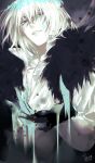  1boy arthropod_boy blood blood_on_face blood_on_hands blue_blood blue_eyes cape collared_shirt cracked_skin crown diamond_hairband dragonfly_wings fate/grand_order fate_(series) fur-trimmed_cape fur_trim hair_between_eyes highres insect_wings long_sleeves looking_at_viewer male_focus medium_hair oberon_(fate) oberon_(third_ascension)_(fate) shirt signature smile solo tanxiacross11 upper_body white_hair wings 