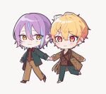 2boys :3 antenna_hair black_shirt blonde_hair blush brown_bag brown_coat brown_pants brown_vest chibi closed_mouth coat collared_shirt green_jacket green_pants holding_hands jacket kamishiro_rui looking_at_another multicolored_hair multiple_boys necktie pants project_sekai purple_hair red_necktie shirt simple_background smile streaked_hair tenma_tsukasa vest white_background won_won yaoi yellow_eyes zozotown