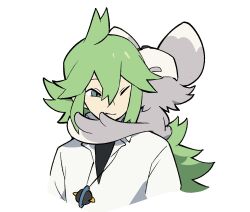  1boy baseball_cap closed_mouth collared_shirt green_hair grey_fur hat hilbert_(pokemon) jewelry long_hair looking_at_another male_focus mieaowu minccino n_(pokemon) necklace on_shoulder one_eye_closed pokemon pokemon_(creature) pokemon_on_shoulder ponytail shirt simple_background undershirt upper_body white_background white_shirt 