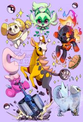  :3 arctibax artist_name blue_fire brown_eyes charcadet closed_mouth commentary dated debris emitzo english_commentary fangs fidough fire flaming_eyes food full_body girafarig hammer heart highres holding holding_hammer leaf motion_blur pink_eyes poke_ball poke_ball_(basic) pokemon pokemon_(creature) pokemon_focus procreate_(medium) purple_background saliva sandwich sharp_teeth signature simple_background smile sprigatito teeth tinkatuff 